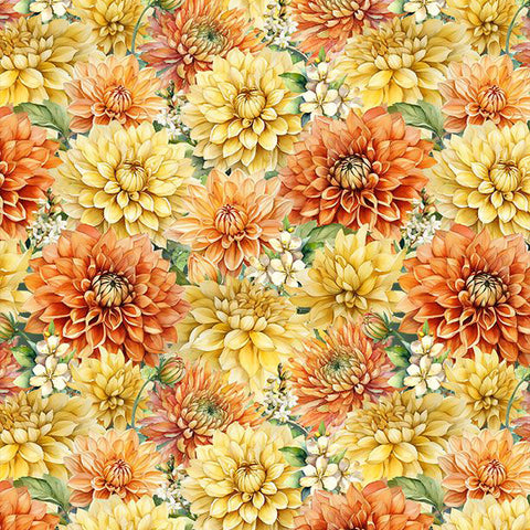 yellow, Dahlia Botanica Collection Packed Floral Cotton Fabric 33924