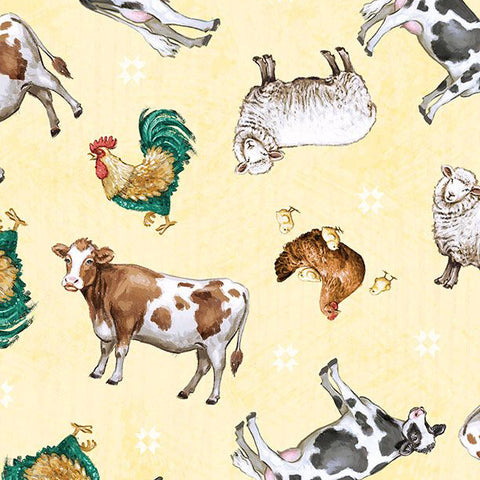yellow, Friendly Farmstead Collection Animal Toss Cotton Fabric 96491