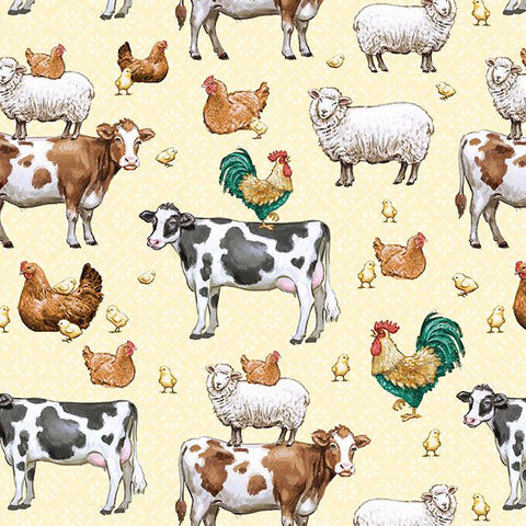 yellow, Friendly Farmstead Collection Animals All Over Cotton Fabric 96492