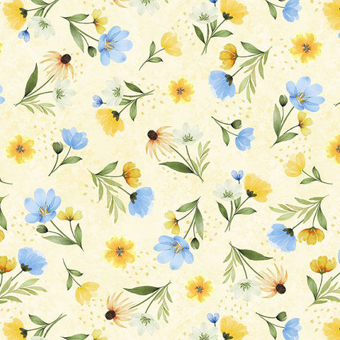yellow, Gentle Meadow Collection Floral Toss Cotton Fabric 32114