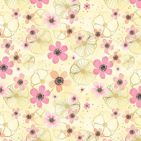 yellow, Peony Blossom Collection Flowers & Gold Cotton Fabric 34714