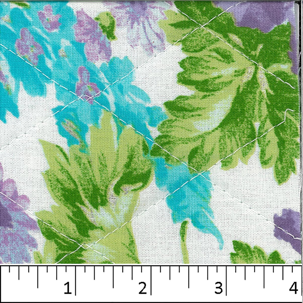 Purple and blue flowers with green leaves on white background
