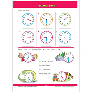 School Zone Big First Grade Workbook sample page of telling time