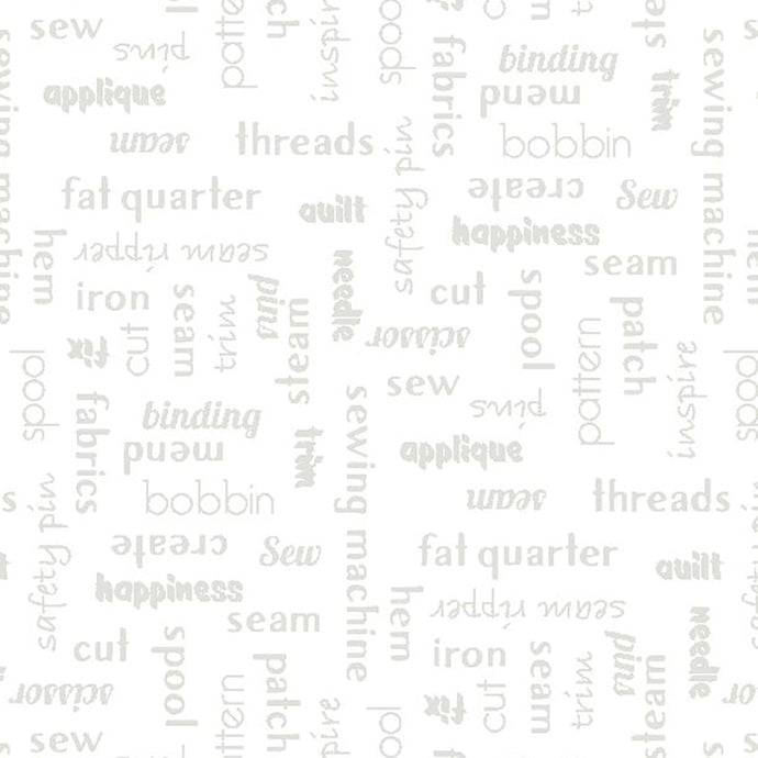 Sew Happy Collection White on White Words Cotton Fabric 1817-39152-100