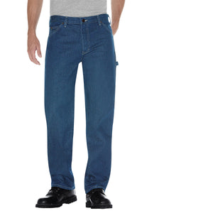 Stonewashed Indigo blue Dickies jeans, front.
