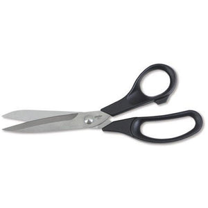 lightweight bent trimmer scissors with black plastic handles and metal blades