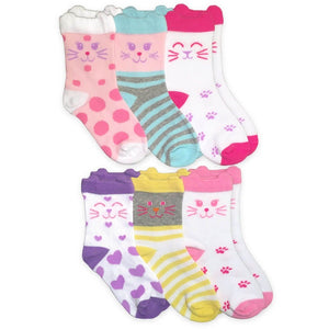 Girls Cat Face Crew Socks 6 Pack