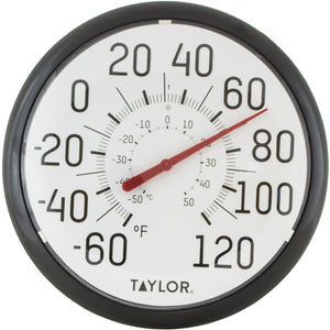 Taylor outdoor thermomter, easy read, black numbers on white face.