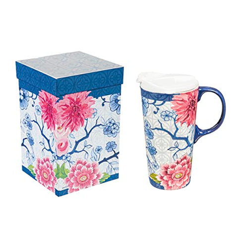 Blue Chinoiserie and Floral Ceramic Travel Cup 3CTC109708