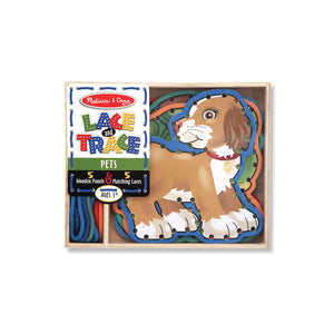 Melissa and Doug Pets Lace and Trace, wooden panels with shoelaces to thread through the holes in the edges.