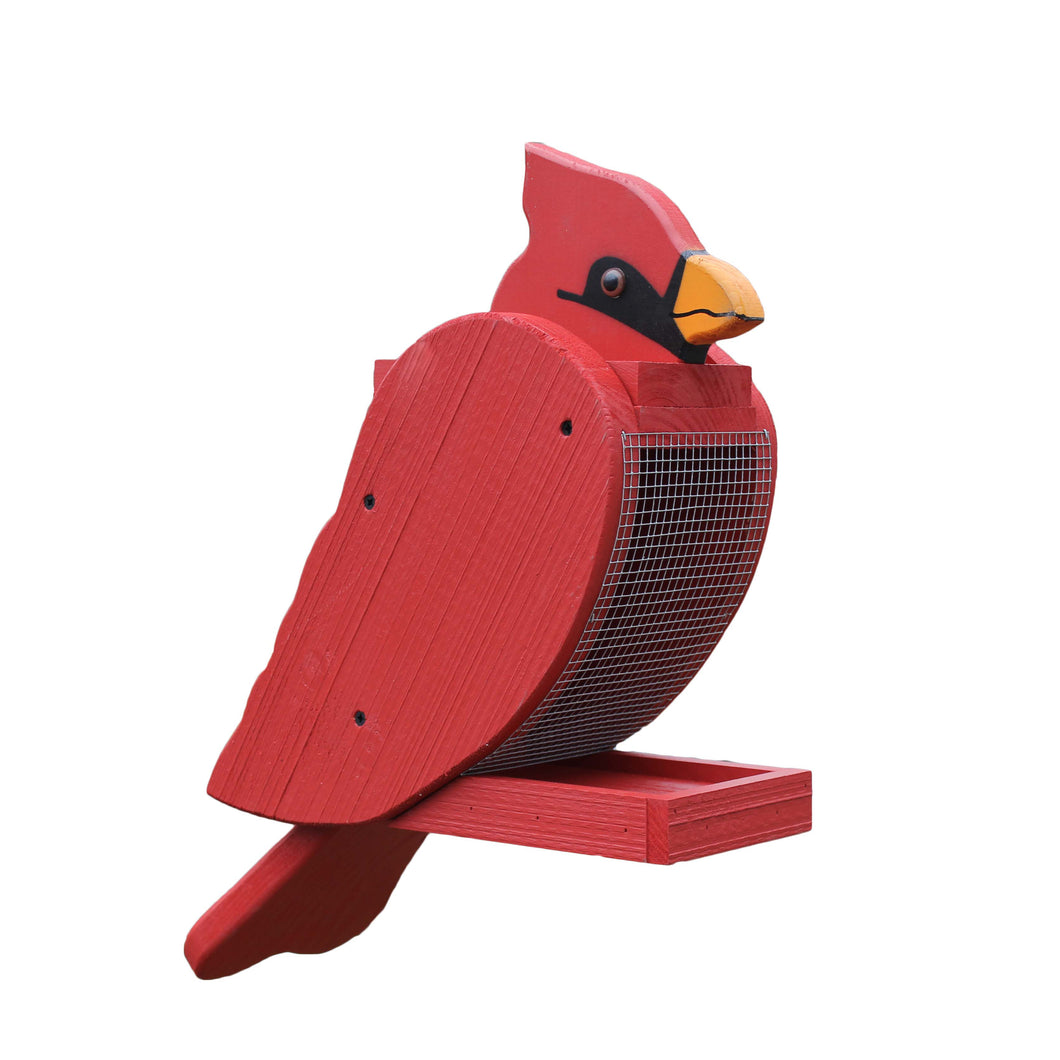 Large birdfeeder shaped and painted to look like a cardinal.