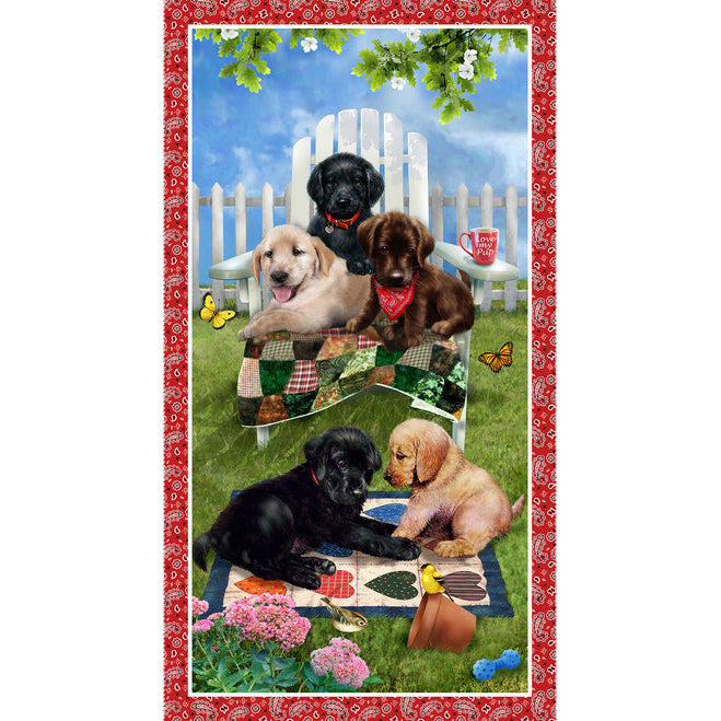 Pups in the Garden Cotton Fabric Panel 9341P