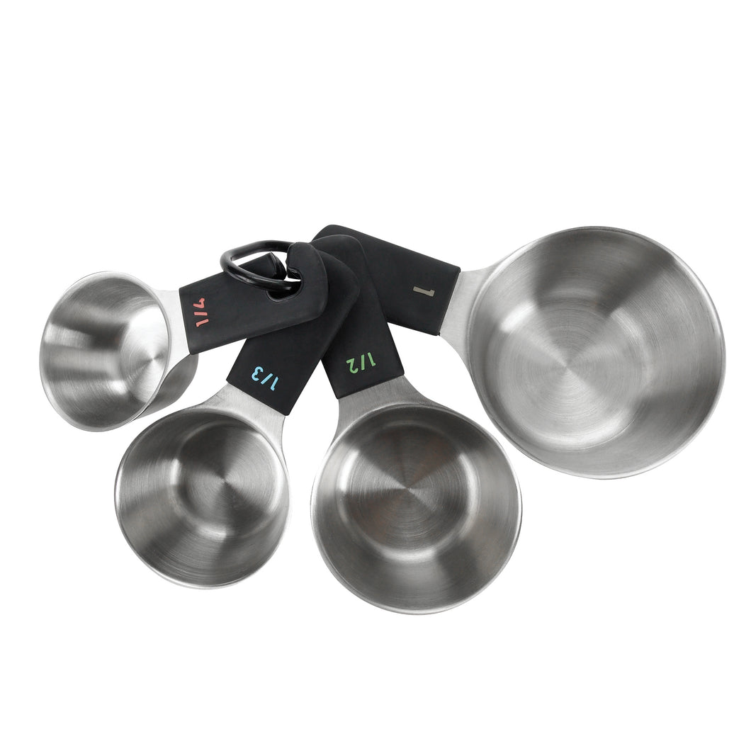 Set of 4 stainless steel measuring cups that stay together.