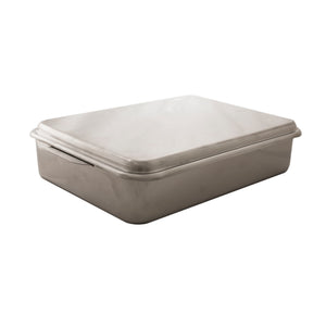 9x 13 Stainless steel covered cake pan.