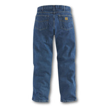 Carhartt darkstone jeans, back with Carhartt logo on back pocket. 