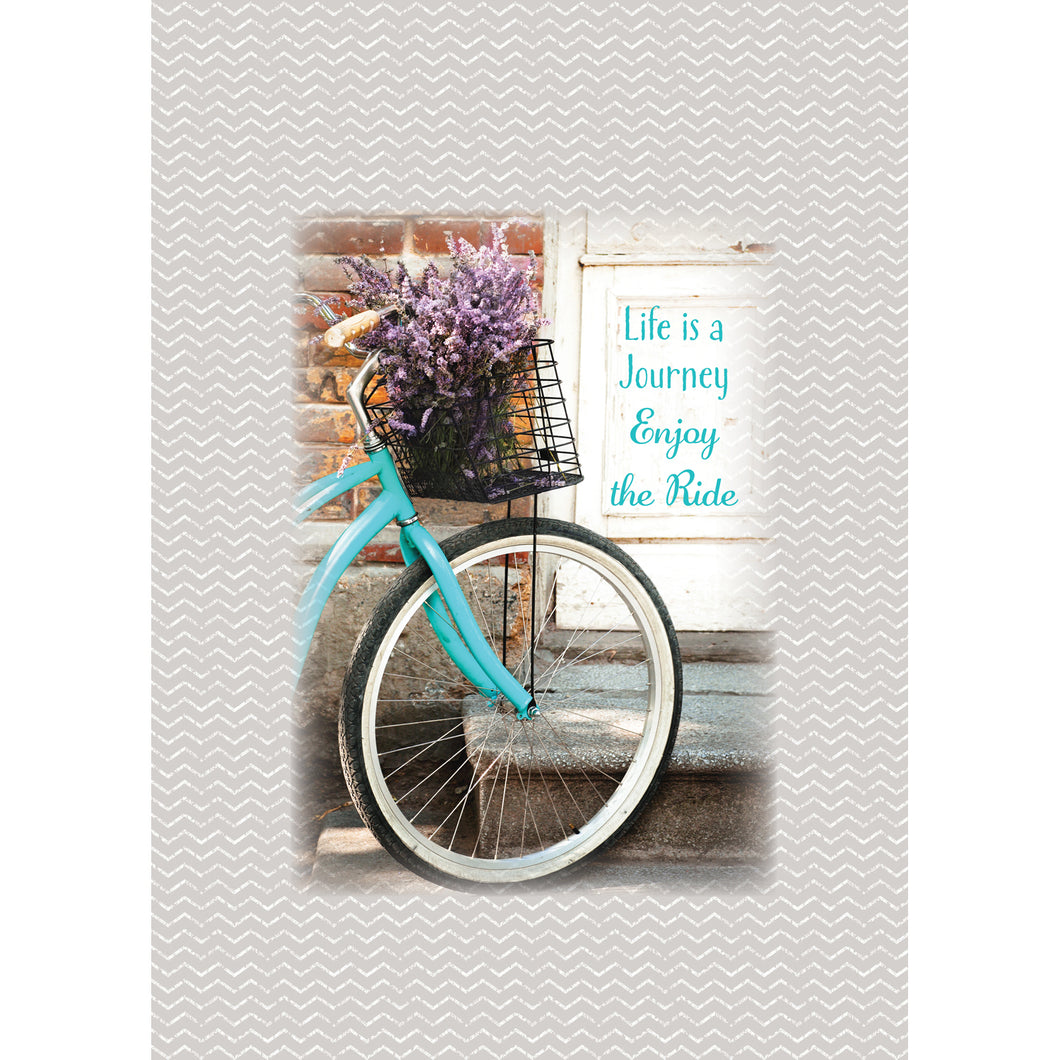 Blanket with a picture of a bicycle with lavender flowers in the basket