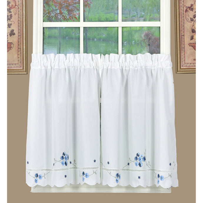 White and blue floral tier curtains