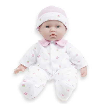 La Baby Soft doll dressed in a pink and white sleeper and hat. 