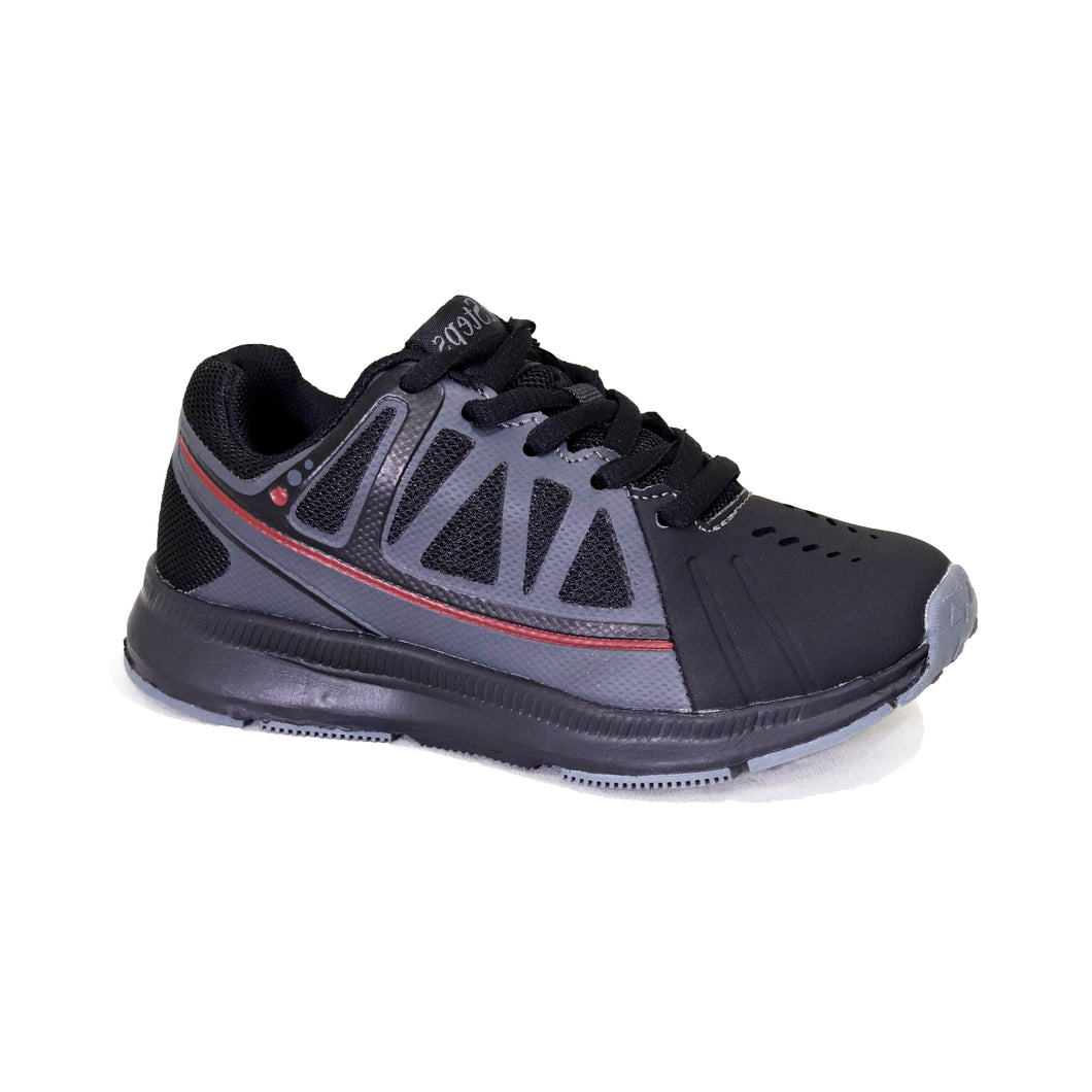 Gray and Black athletic shoe with red accents. 