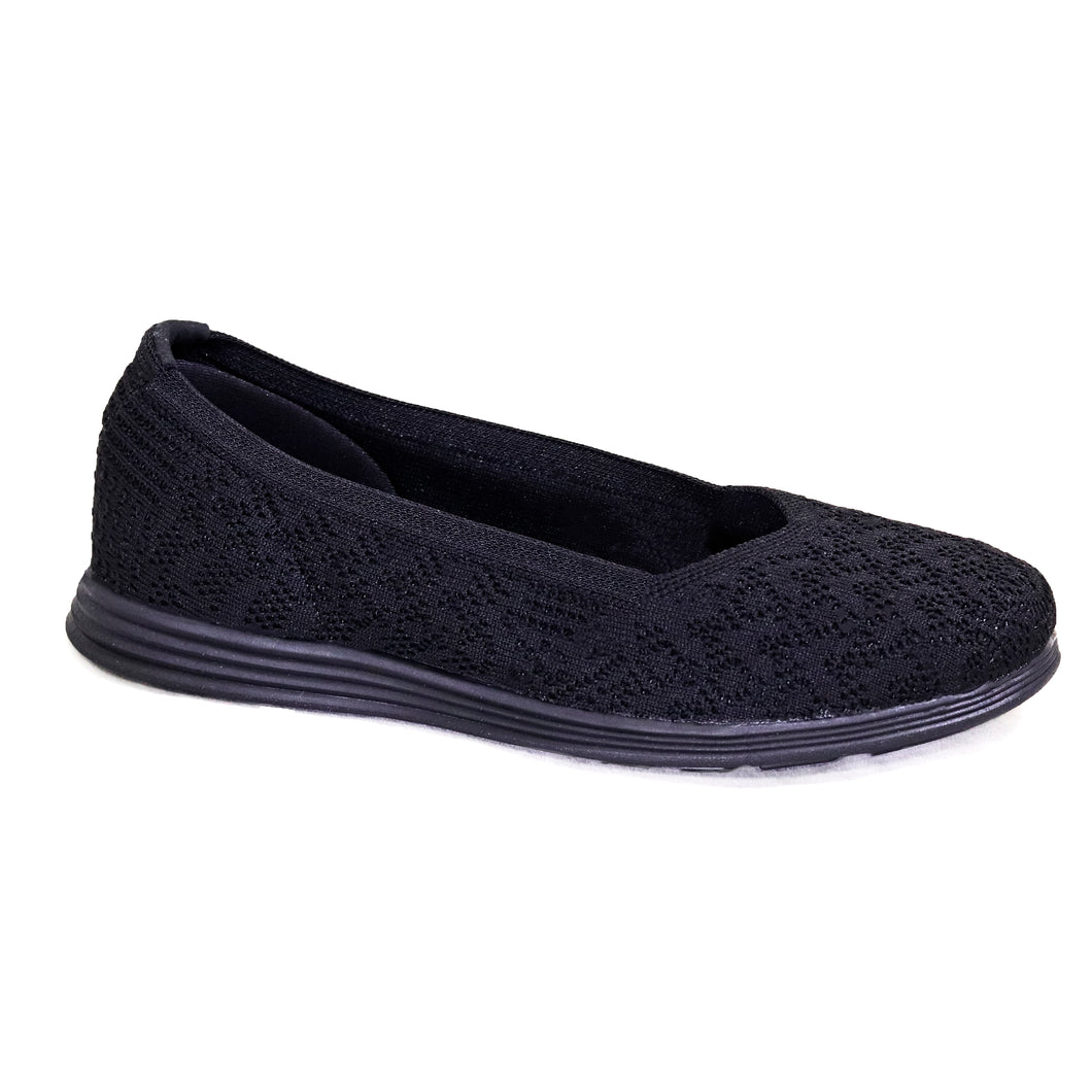 Women�s black flat type shoe with a stretchy, knitted upper. Soft, cushioned heel
