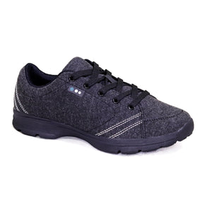 Women�s charcoal shoe with black lining 
and white accent stitching.