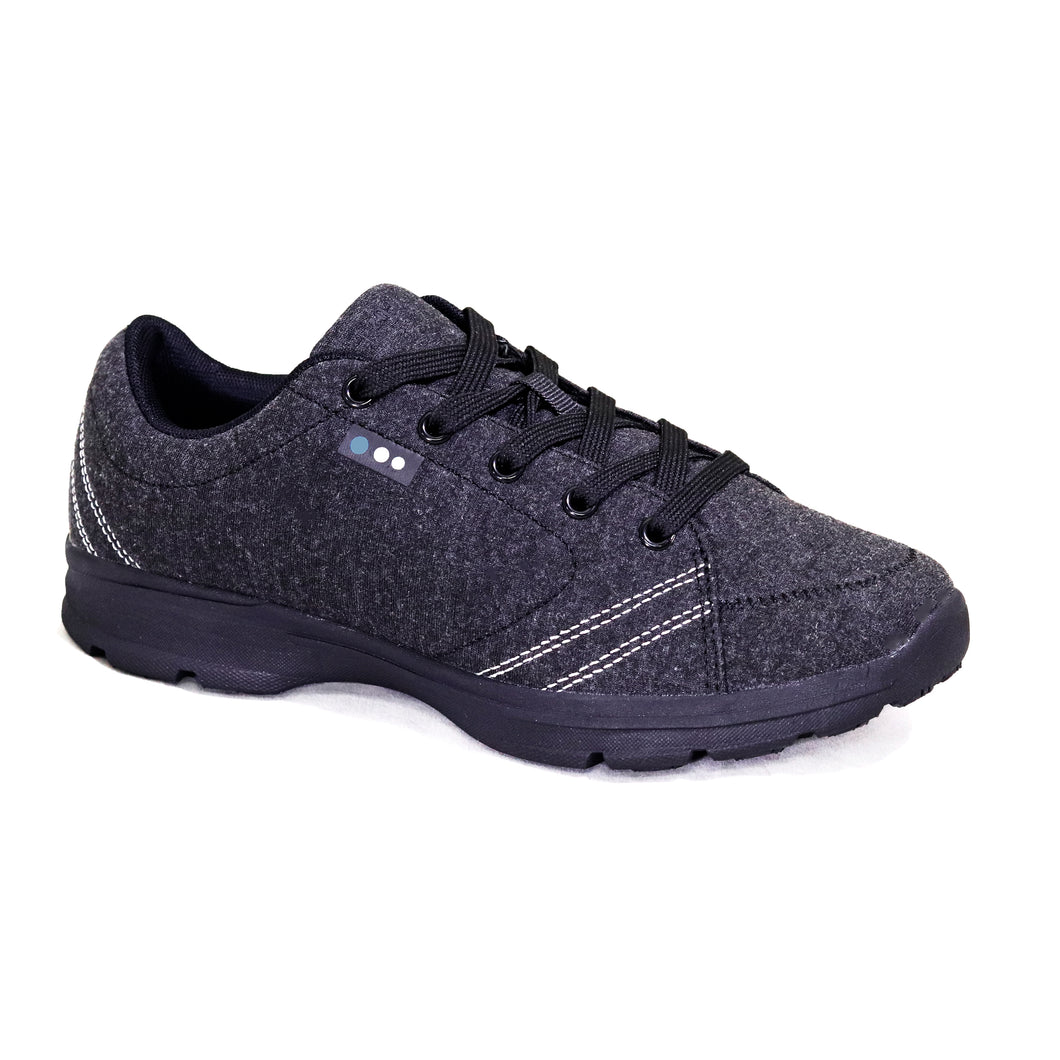 Women�s charcoal shoe with black lining 
and white accent stitching.
