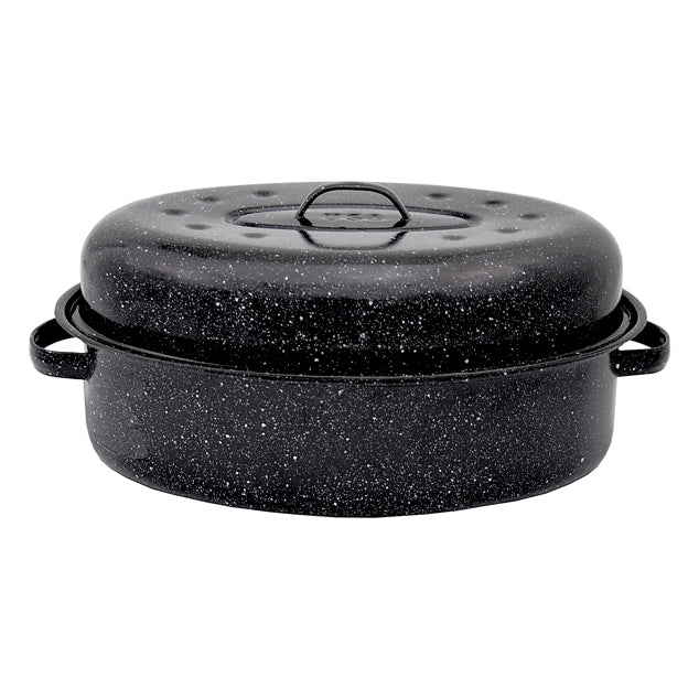 Self-Basting Roasting Pot With Lid Enamel Coated Black Tin Oval Roaster  Large