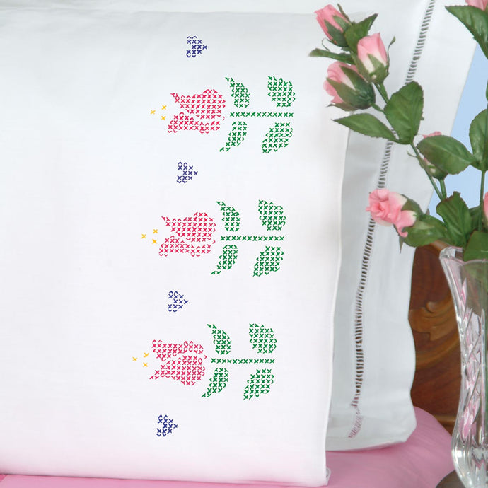 Cross-Stitch Tulips Perle Edge Pillowcases
