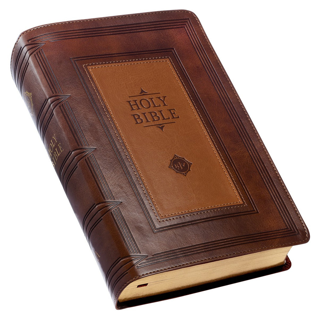 Christian Art Gifts Saddle Tan and Toffee Framed Inlay Faux Leather Giant Print Standard-size KJV Bible with Thumb Indexing KJV180