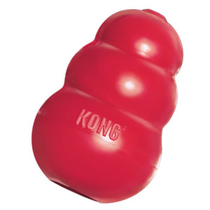 Red rubber Kong dog chew toy.