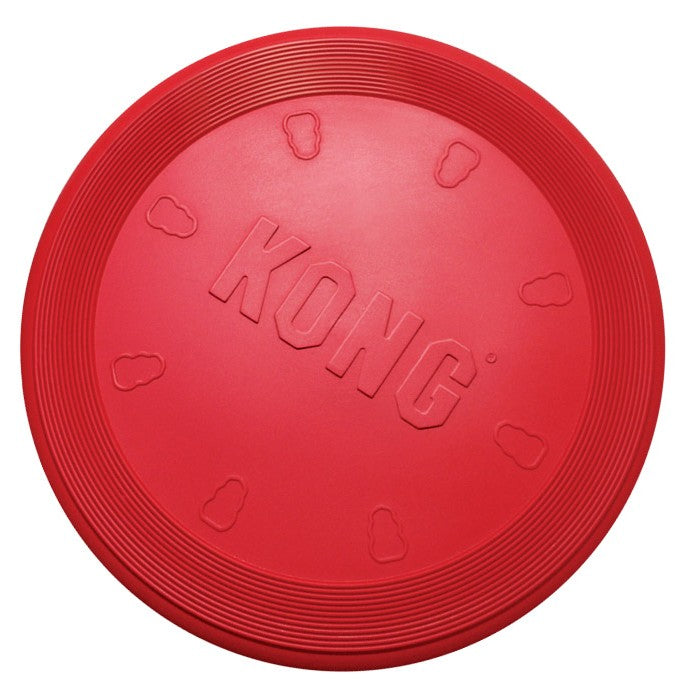 Kong flyer, rubber disc to play fetch with dog.