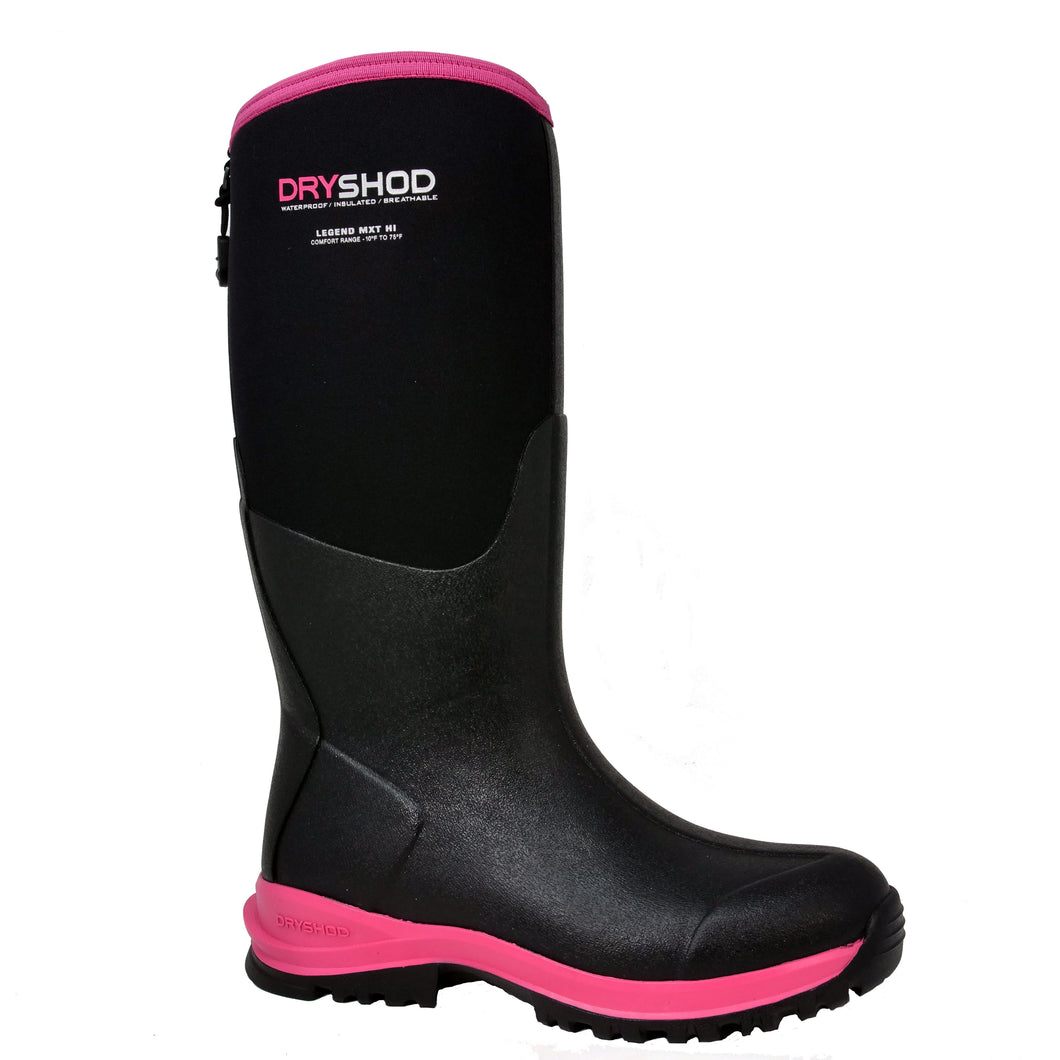 Dryshod women's Legend MXT Hi boot in black and pink, side view