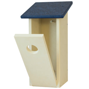 Ivory color bluebird house with navy blue roof.