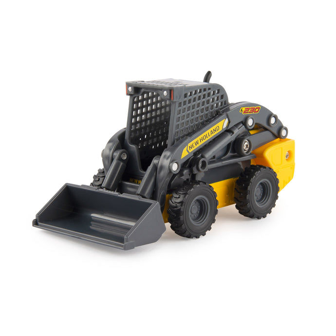 New Holland yellow and grey skid loader front view