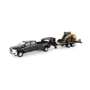 Pickup and goose neck trailer with skid steer loader drivers side view