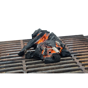all-natural hardwood lump charcoal burning on grill