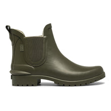 side view of olive rain boot slight high heel