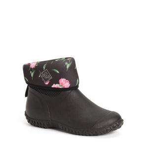 Women's Muckster II Mid boot in Black with Rose Print inside showing print with top rolled down