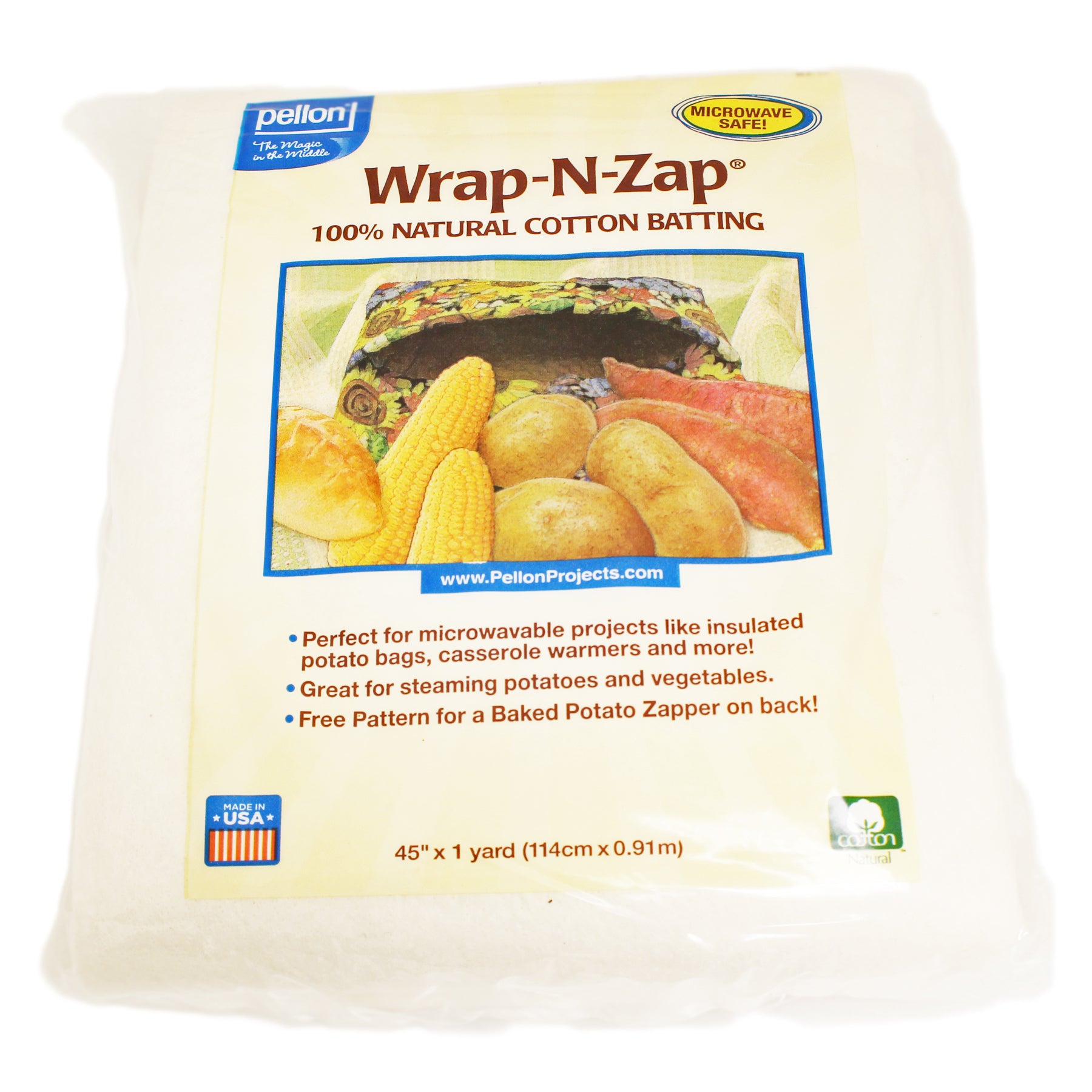 Pellon Wrap-N-Zap Microwavable Natural Cotton Batting for Crafts 45” x 36”  (1 yard pre-cut) Oven Mitts Cozies Machine Washable Low Loft