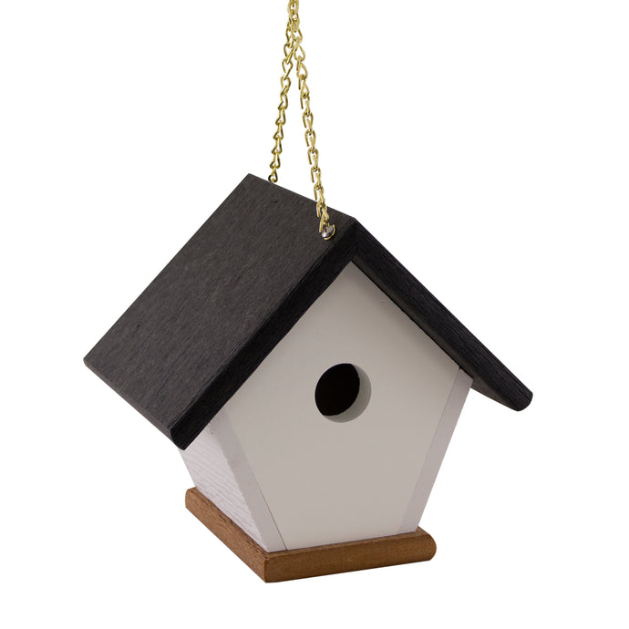 Ebersol Poly Crafts Wren House Birdhouse hanging on chain.