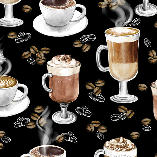 For the Love of Coffee Collection Its Coffee Time Cotton Fabric 14158 black