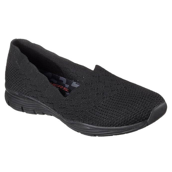 Black Skechers slip-on knit shoe