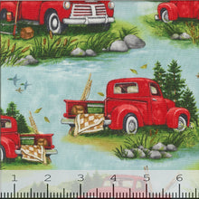 Down by the Lake Collection Red Truck Cotton Fabric blue