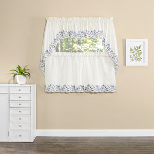 White curtains with blue trim