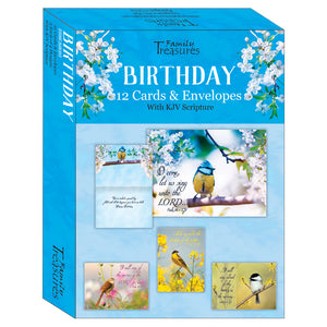 Boxed Cards Birthday Songbirds KJV Scripture 12 Cards 4 Designs