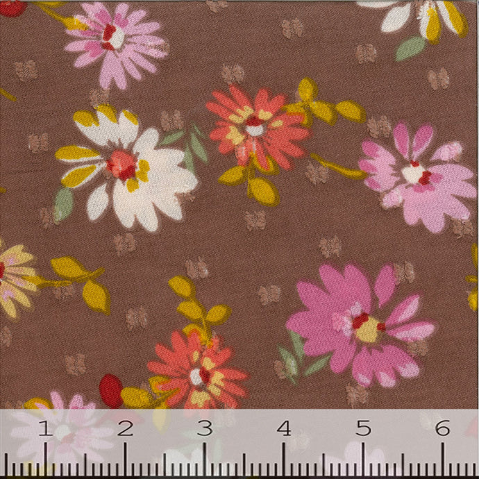 Swiss Dot Polyester Floral Fabric cocoa