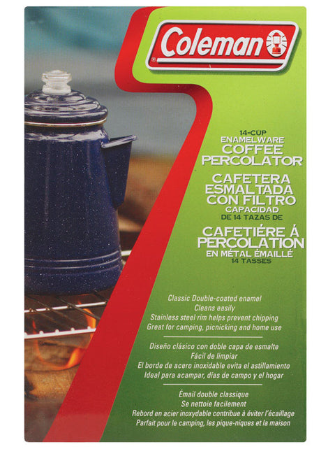 Coleman 14 cup Blue Enameled Stainless Steel Coffee Percolator package