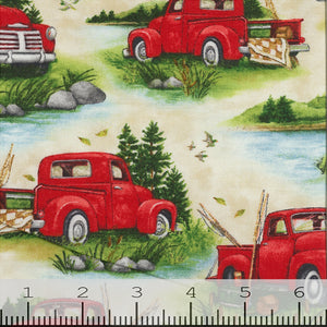 Down by the Lake Collection Red Truck Cotton Fabric cream