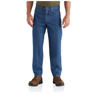 Carhartt men's darkstone jeans, front.
