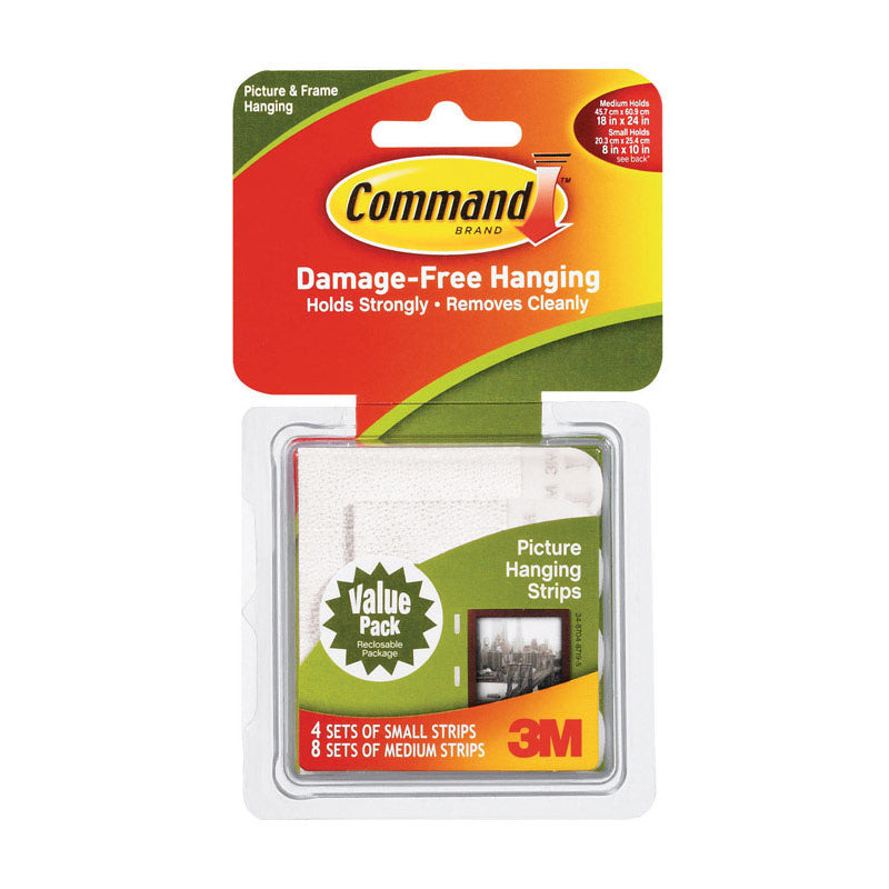 Package of 3M Command picture hanging strips, 4 sets small, 8 sets medium.